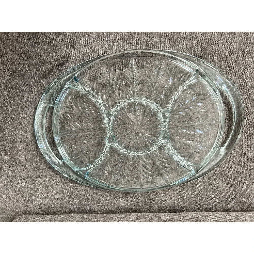 Vintage Aquamarine Jeanette Glass Handled Feather Divided Oval Tray 15.5